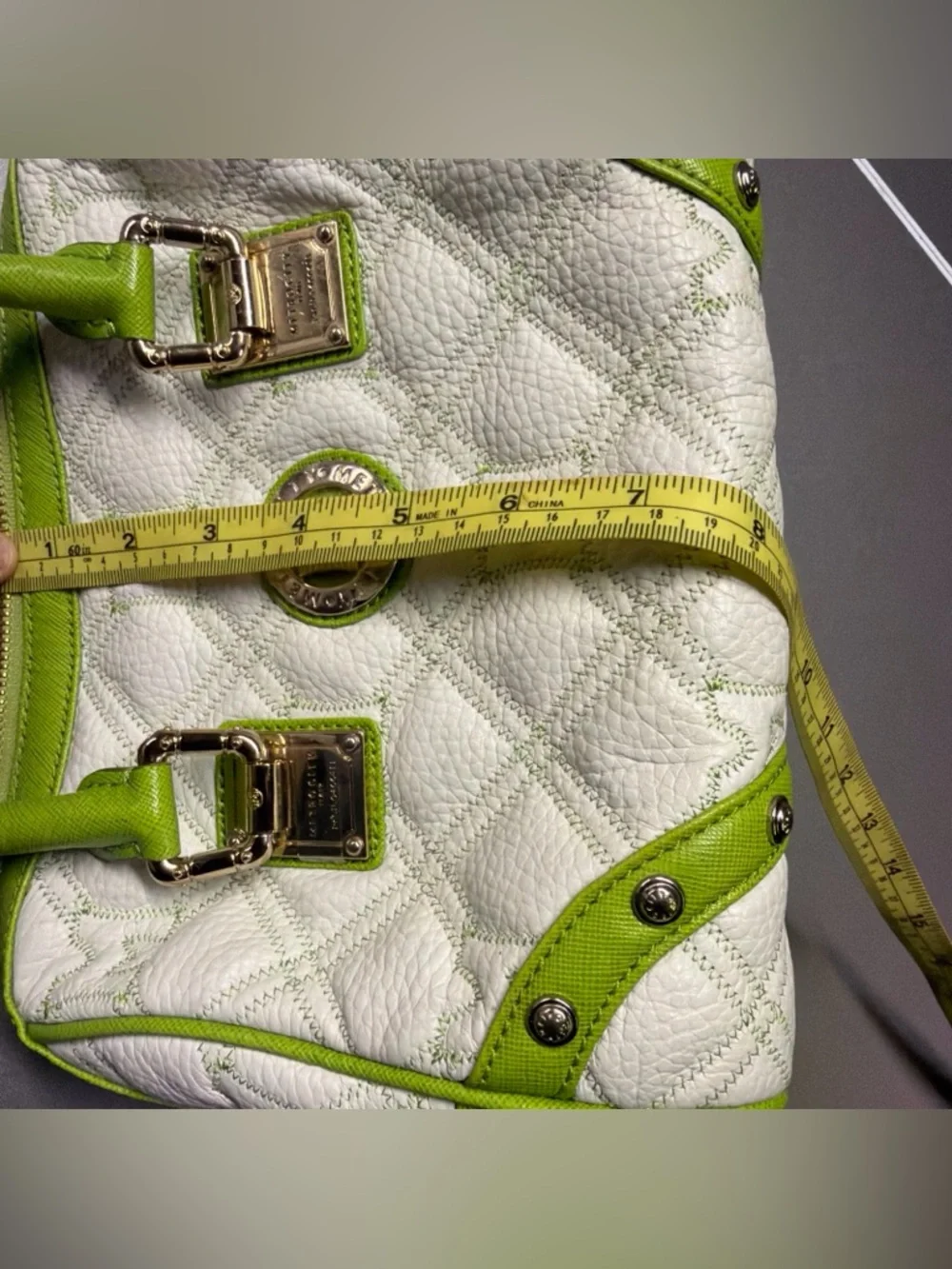 Metrocity Italy White‎ Lime Green Quilted Leather Satchel Handbag Gold Hardware
